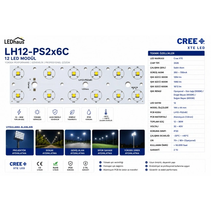 LH12-PS2x6C 12-36W PROJEKTÖR LED MODÜL 14,4 CMDE 12 LEDLİ Sabit Akım 350-700mA
