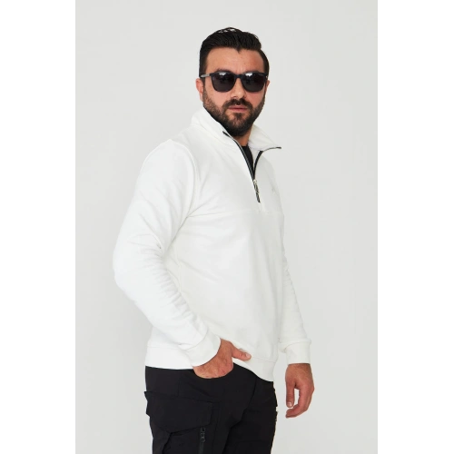 Yarım Fermuarlı %100 Pamuk Sweat Beyaz