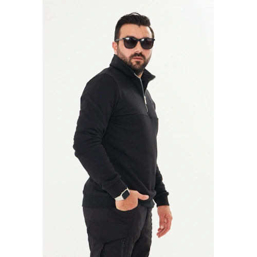 Yarım Fermuarlı %100 Pamuk Sweat Siyah