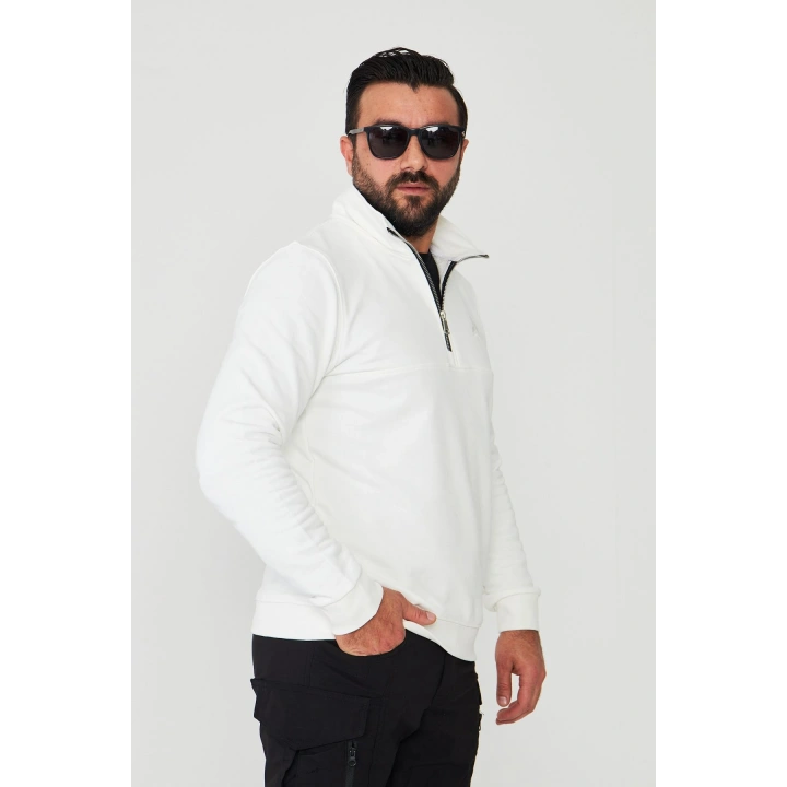 Yarım Fermuarlı %100 Pamuk Sweat Beyaz