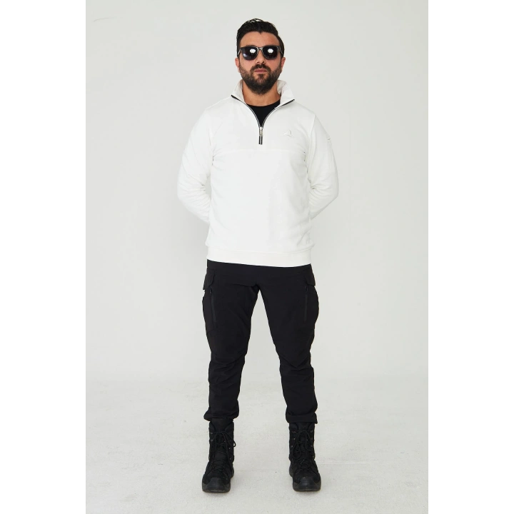 Yarım Fermuarlı %100 Pamuk Sweat Beyaz