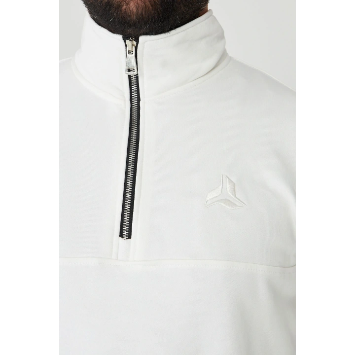 Yarım Fermuarlı %100 Pamuk Sweat Beyaz