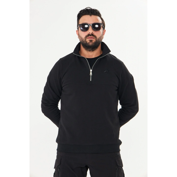Yarım Fermuarlı %100 Pamuk Sweat Siyah