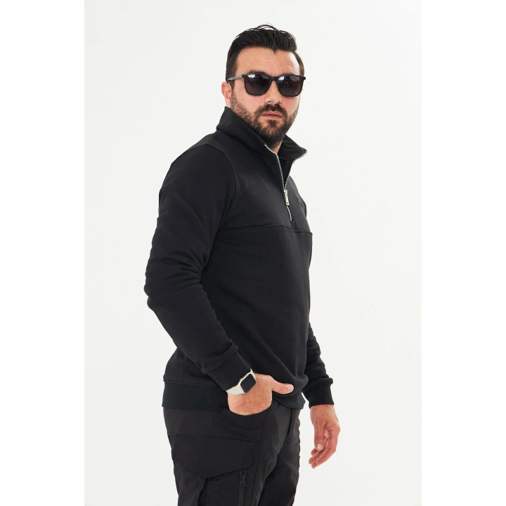 Yarım Fermuarlı %100 Pamuk Sweat Siyah