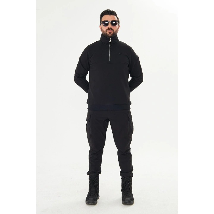 Yarım Fermuarlı %100 Pamuk Sweat Siyah