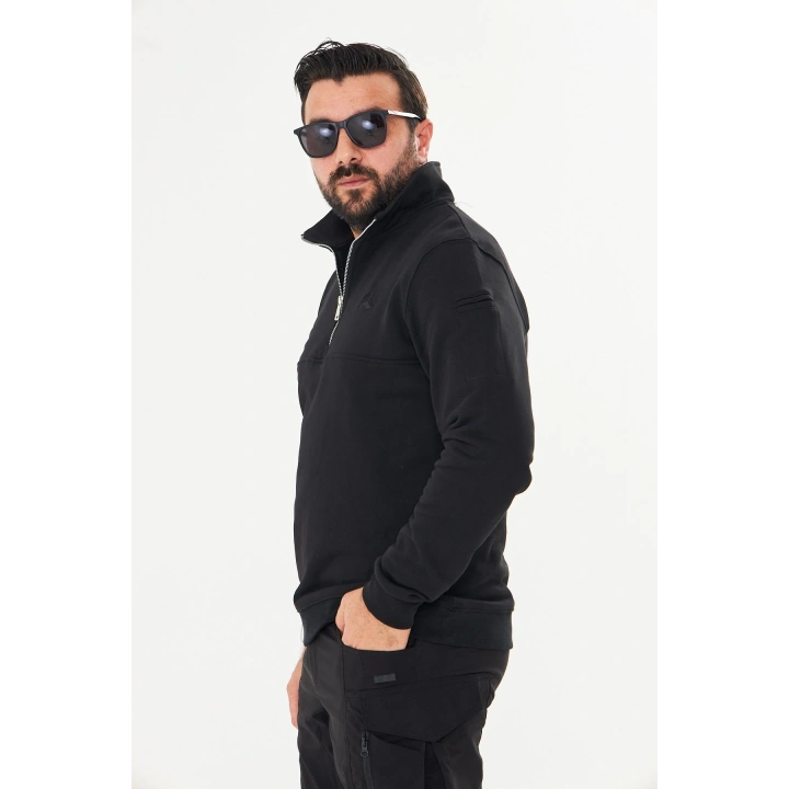 Yarım Fermuarlı %100 Pamuk Sweat Siyah
