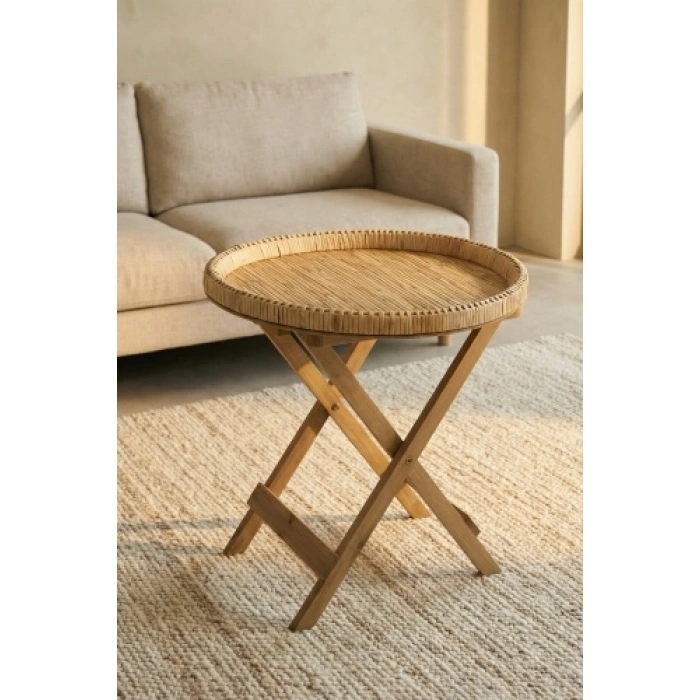 Aura Ahşap Ayaklı Hasır Sehpa - 53 cm