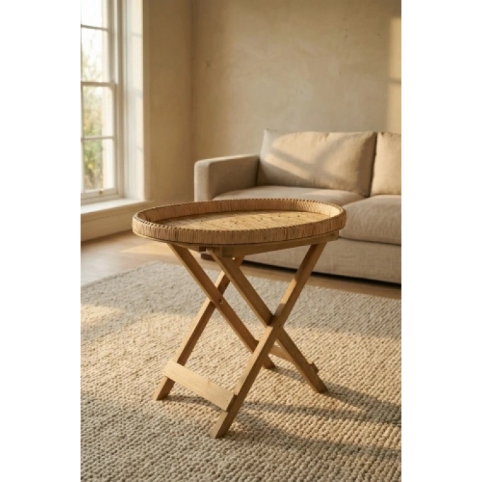 Aura Ahşap Ayaklı Hasır Sehpa - 62 cm