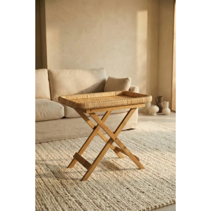Aura Ahşap Ayaklı Hasır Sehpa - 59 cm