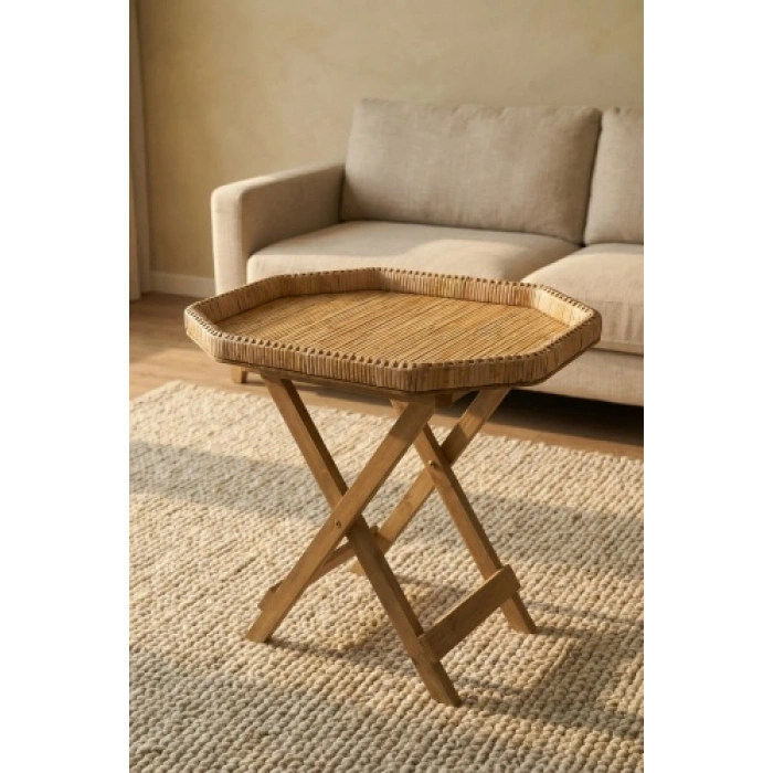 Aura Ahşap Ayaklı Hasır Sehpa - 62 cm