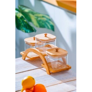 Malibu Bambu Standlı 3 lü Borosilikat Cam Baharatlık Seti
