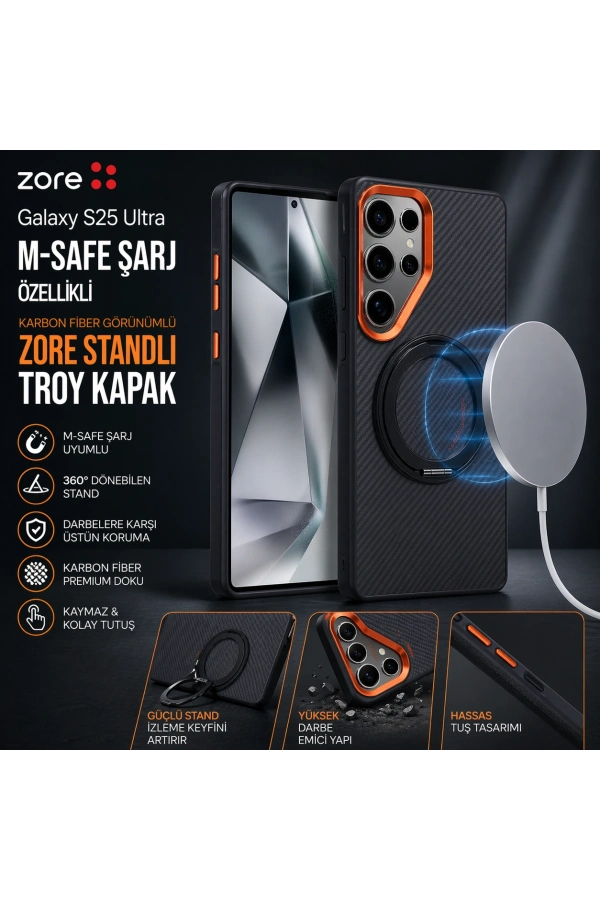 Galaxy S25 Ultra Kılıf M-safe Şarj Özellikli Karbon Fiber Görünümlü Zore Standlı Troy Kapak