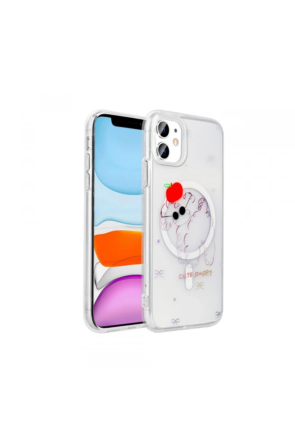 Apple iPhone 11 Kılıf M-Safe Şarj Özellikli Şeffaf Zore Folk Sert Kapak