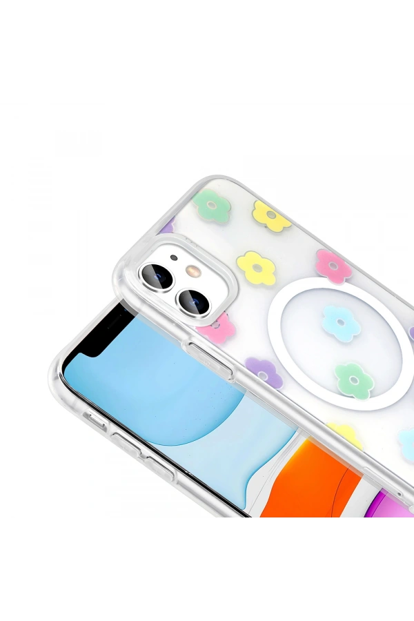 Apple iPhone 11 Kılıf M-Safe Şarj Özellikli Şeffaf Zore Folk Sert Kapak