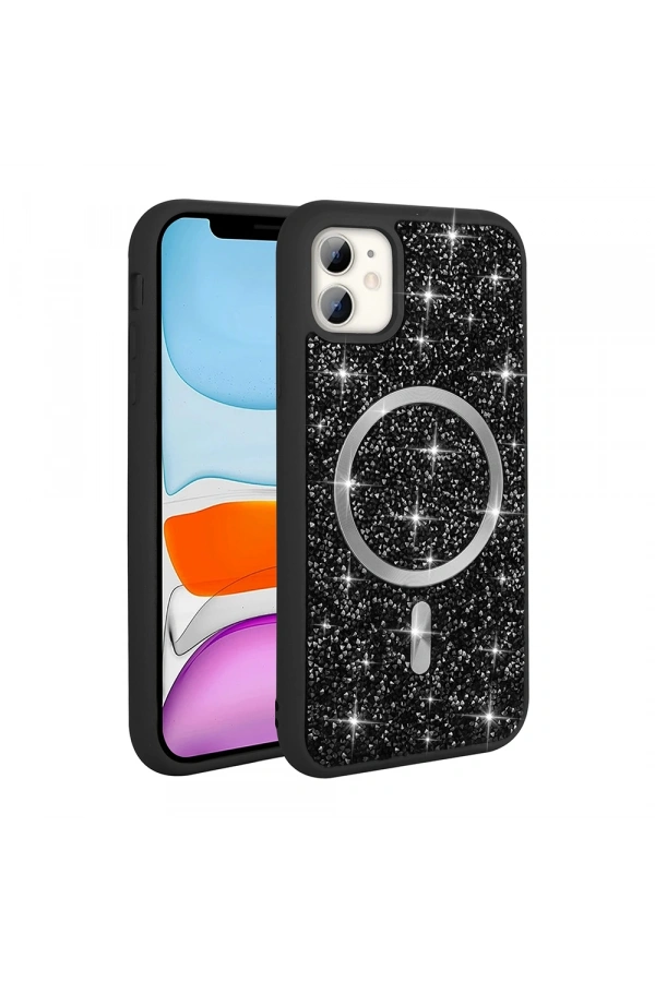 Apple iPhone 11 Kılıf Pırlanta Tasarımlı M-safe Şarj Özellikli Zore Mozaik Silikon Kapak
