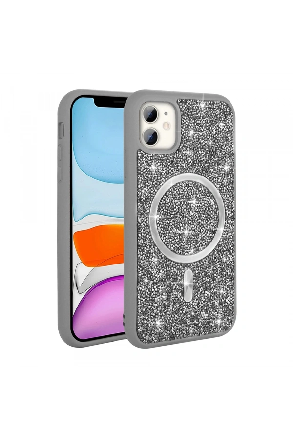 Apple iPhone 11 Kılıf Pırlanta Tasarımlı M-safe Şarj Özellikli Zore Mozaik Silikon Kapak