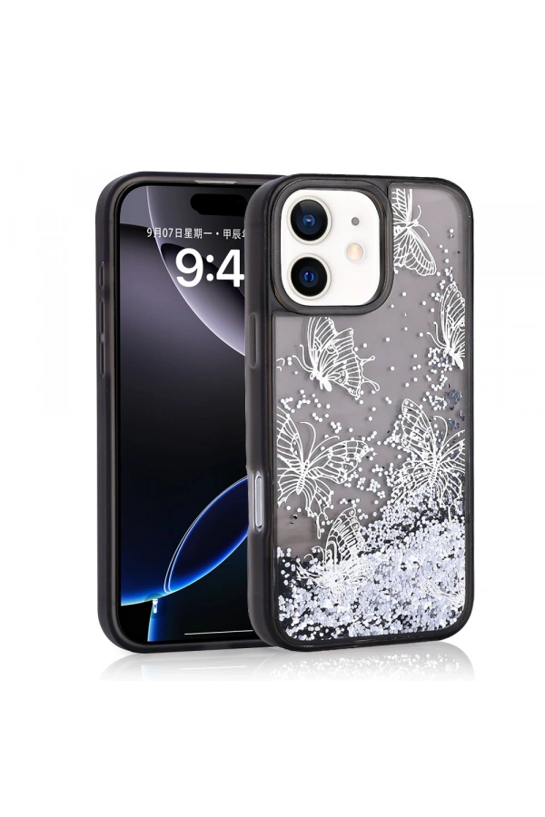 Apple iPhone 11 Kılıf Sıvılı Simli Kelebek Baskılı Şeffaf Arka Yüzey Zore Glis Silikon Kapak