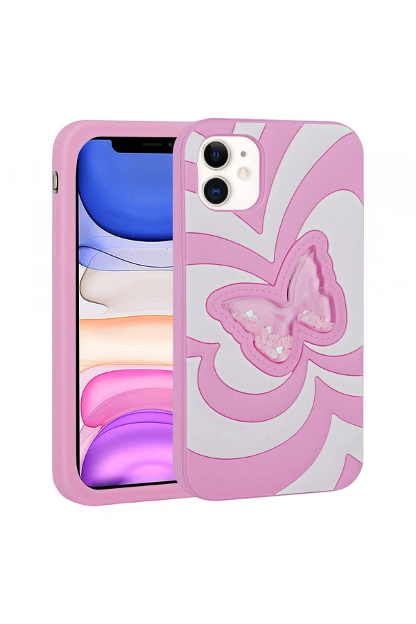 Apple iPhone 11 Kılıf Sıvılı Simli Kelebekli Tasarım Zore Vodena Kapak