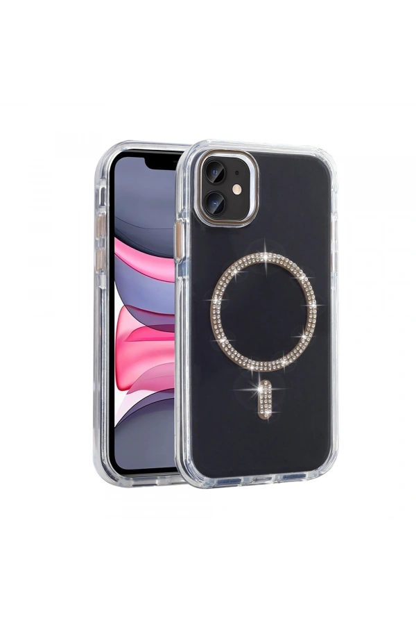 Apple iPhone 11 Kılıf Taşlı Tasarım M-safe Şarj Özellikli Zore Koment Silikon Kapak