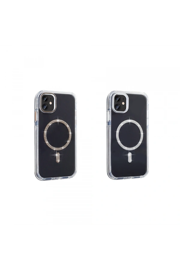 Apple iPhone 11 Kılıf Taşlı Tasarım M-safe Şarj Özellikli Zore Koment Silikon Kapak