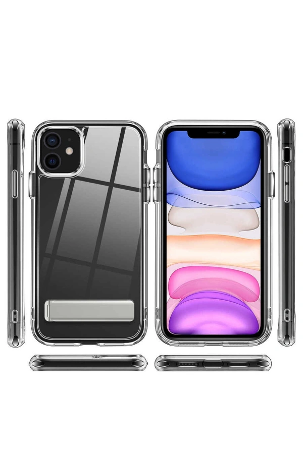 Apple iPhone 12 Kılıf Standlı Şeffaf Silikon Zore L-Stand Kapak