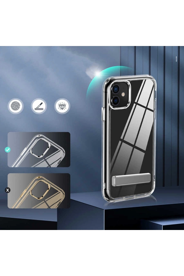 Apple iPhone 12 Kılıf Standlı Şeffaf Silikon Zore L-Stand Kapak
