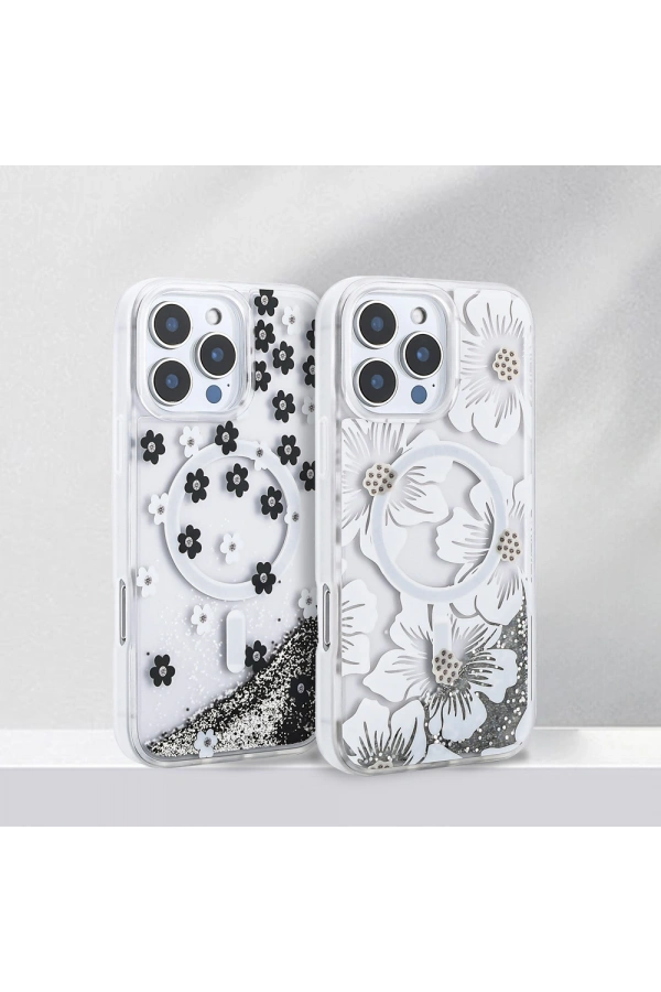 Apple iPhone 12 Pro Kılıf Sıvılı Simli Baskılı Şeffaf Arka Yüzey Zore Mossa Silikon Kapak