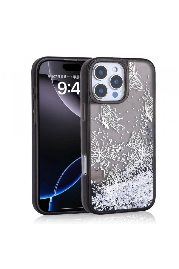 Apple iPhone 12 Pro Kılıf Sıvılı Simli Kelebek Baskılı Şeffaf Arka Yüzey Zore Glis Silikon Kapak