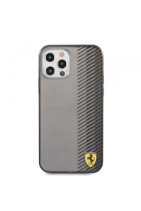 Apple iPhone 12 Pro Max Kılıf Ferrari Orjinal Lisanlı Klasik Metal Logolu Transparan Çizgi Desenli Gradient Kapak