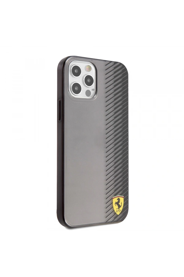 Apple iPhone 12 Pro Max Kılıf Ferrari Orjinal Lisanlı Klasik Metal Logolu Transparan Çizgi Desenli Gradient Kapak