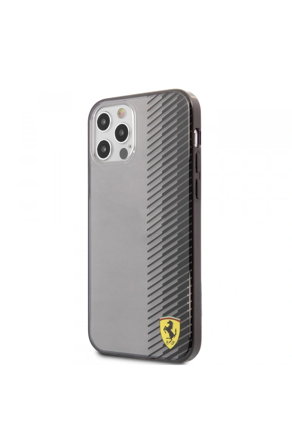 Apple iPhone 12 Pro Max Kılıf Ferrari Orjinal Lisanlı Klasik Metal Logolu Transparan Çizgi Desenli Gradient Kapak