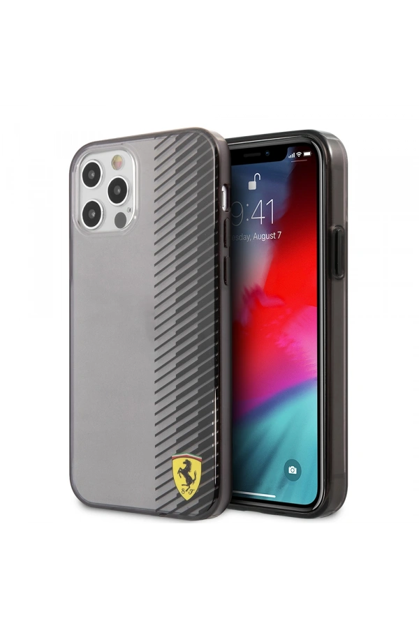 Apple iPhone 12 Pro Max Kılıf Ferrari Orjinal Lisanlı Klasik Metal Logolu Transparan Çizgi Desenli Gradient Kapak