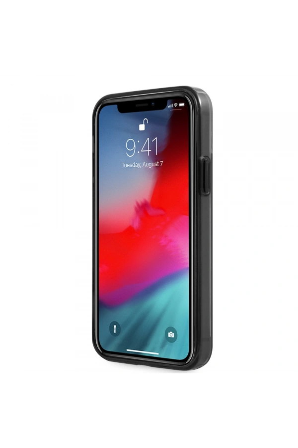Apple iPhone 12 Pro Max Kılıf Ferrari Orjinal Lisanlı Klasik Metal Logolu Transparan Çizgi Desenli Gradient Kapak