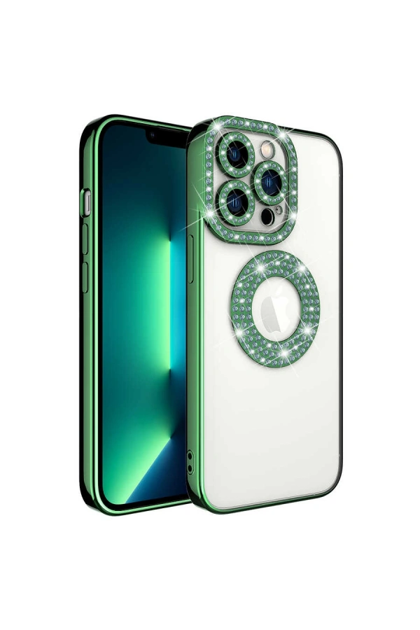 Apple iPhone 12 Pro Max Kılıf Kamera Korumalı Taş Süslemeli Arkası Şeffaf Zore Asya Kapak