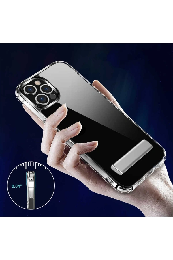 Apple iPhone 12 Pro Max Kılıf Standlı Şeffaf Silikon Zore L-Stand Kapak