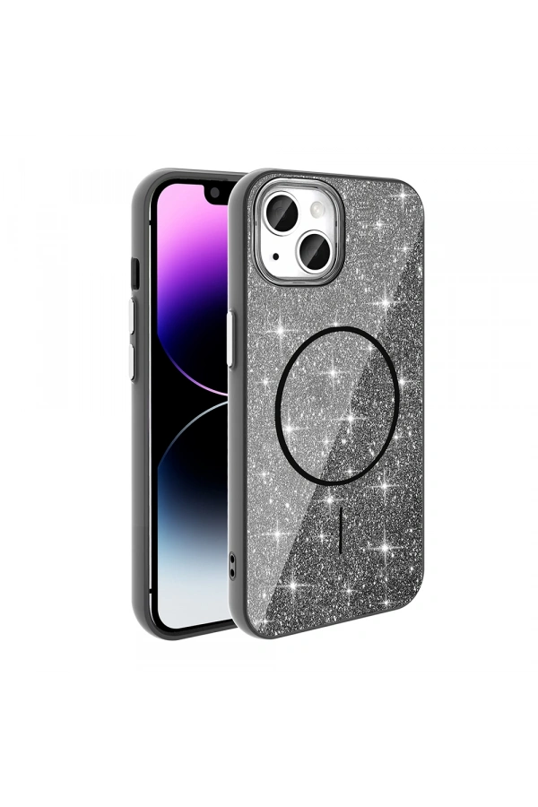 Apple iPhone 13 Kılıf M-safe Şarj Özellikli Parlayan Simli Zore Okso Kapak