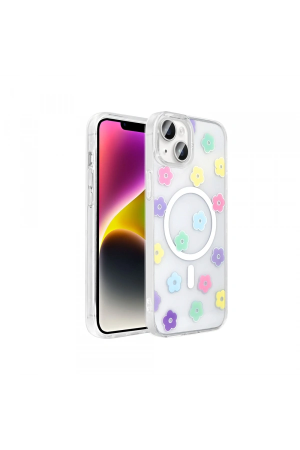 Apple iPhone 13 Kılıf M-Safe Şarj Özellikli Şeffaf Zore Folk Sert Kapak