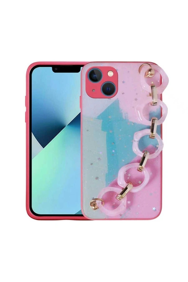 Apple iPhone 13 Kılıf Simli Desenli El Askılı Tutacaklı Zore Elsa Silikon Kapak