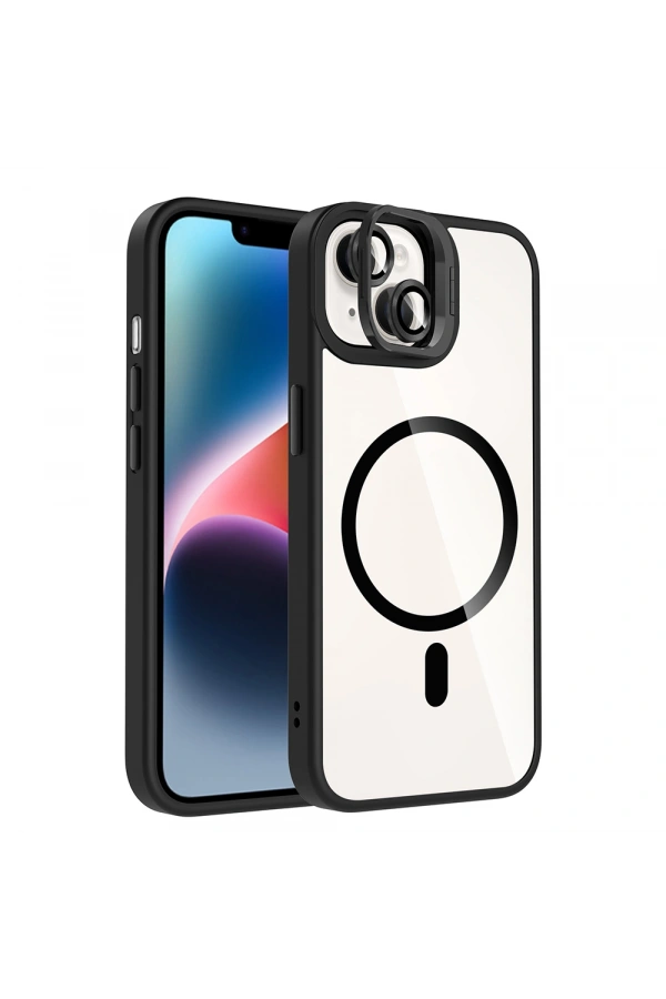 Apple iPhone 13 Kılıf Standlı ve Kamera Lens Hediyeli M-Safe Şarj Özellikli Zore Etro Kapak