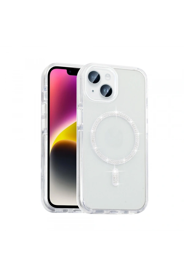 Apple iPhone 13 Kılıf Taşlı Tasarım M-safe Şarj Özellikli Zore Koment Silikon Kapak