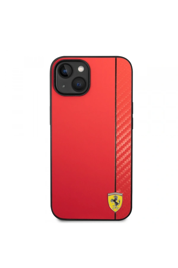 Apple iPhone 14 Kılıf Ferrari Orjinal Lisanslı M-safe Şarj Özellikli Pu Deri Ve Karbon Şeritli Dizayn Kapak