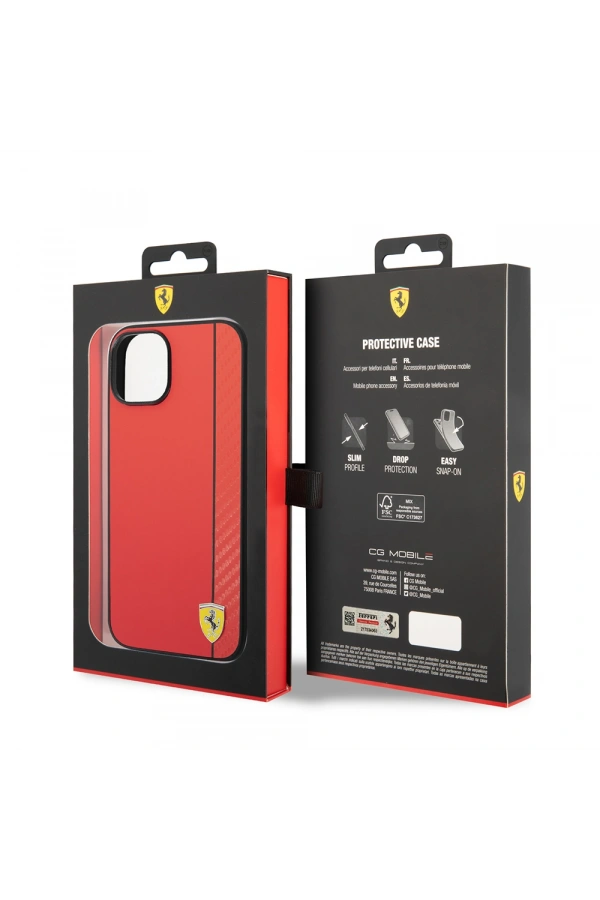 Apple iPhone 14 Kılıf Ferrari Orjinal Lisanslı M-safe Şarj Özellikli Pu Deri Ve Karbon Şeritli Dizayn Kapak