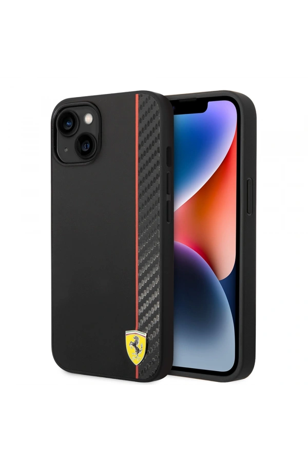 Apple iPhone 14 Kılıf Ferrari Orjinal Lisanslı M-safe Şarj Özellikli Pu Deri Ve Karbon Şeritli Dizayn Kapak