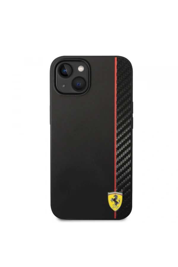 Apple iPhone 14 Kılıf Ferrari Orjinal Lisanslı M-safe Şarj Özellikli Pu Deri Ve Karbon Şeritli Dizayn Kapak