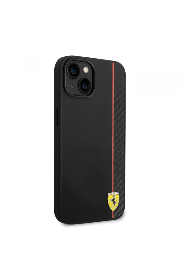 Apple iPhone 14 Kılıf Ferrari Orjinal Lisanslı M-safe Şarj Özellikli Pu Deri Ve Karbon Şeritli Dizayn Kapak