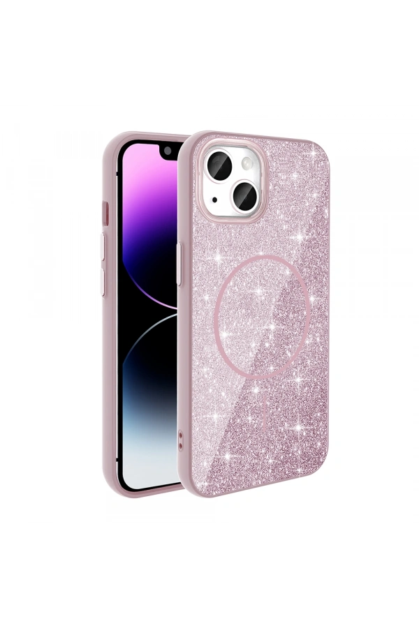 Apple iPhone 14 Kılıf M-safe Şarj Özellikli Parlayan Simli Zore Okso Kapak
