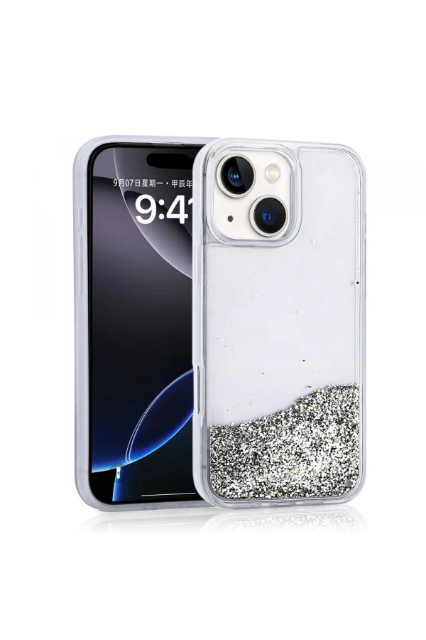 Apple iPhone 14 Kılıf Sıvılı Simli Şeffaf Arka Yüzey Zore Keto Silikon Kapak