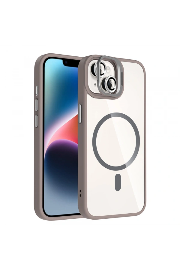 Apple iPhone 14 Kılıf Standlı ve Kamera Lens Hediyeli M-Safe Şarj Özellikli Zore Etro Kapak