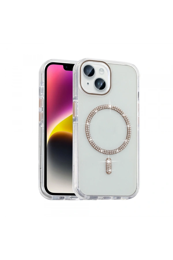 Apple iPhone 14 Kılıf Taşlı Tasarım M-safe Şarj Özellikli Zore Koment Silikon Kapak