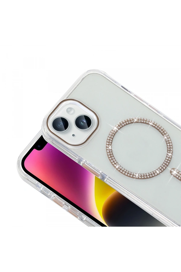 Apple iPhone 14 Kılıf Taşlı Tasarım M-safe Şarj Özellikli Zore Koment Silikon Kapak